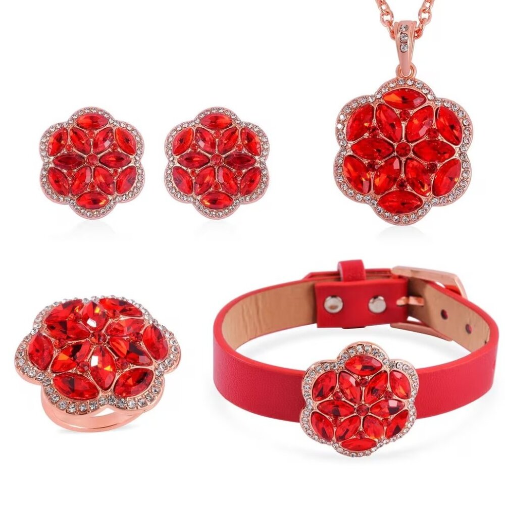 Red & White Austrian Crystal, Floral Bracelet (6-8In), Earrings, Ring, Necklace